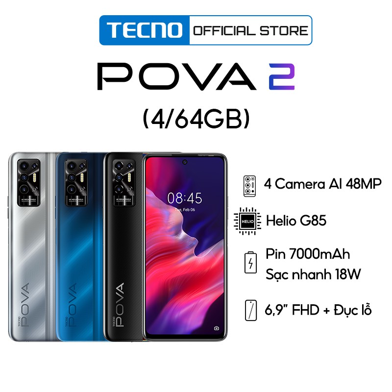 Điện thoại Tecno Pova 2 (4GB+64GB) |Pin 7000 mAh|6.9" FHD | MTK Helio G85 | BH 13 Tháng