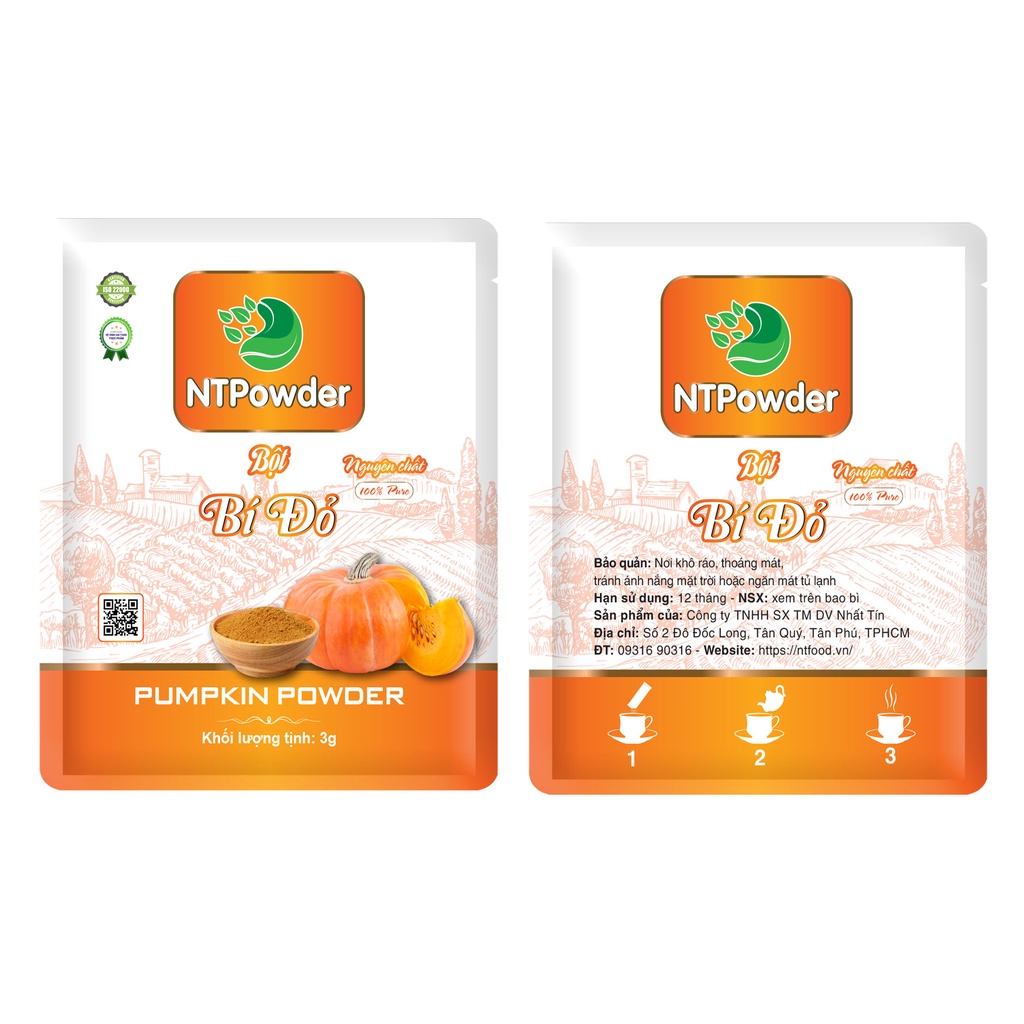 [Hộp 20 gói x 3g] Bột Bí Đỏ sấy lạnh nguyên chất NTPowder 60g - Nhất Tín Food