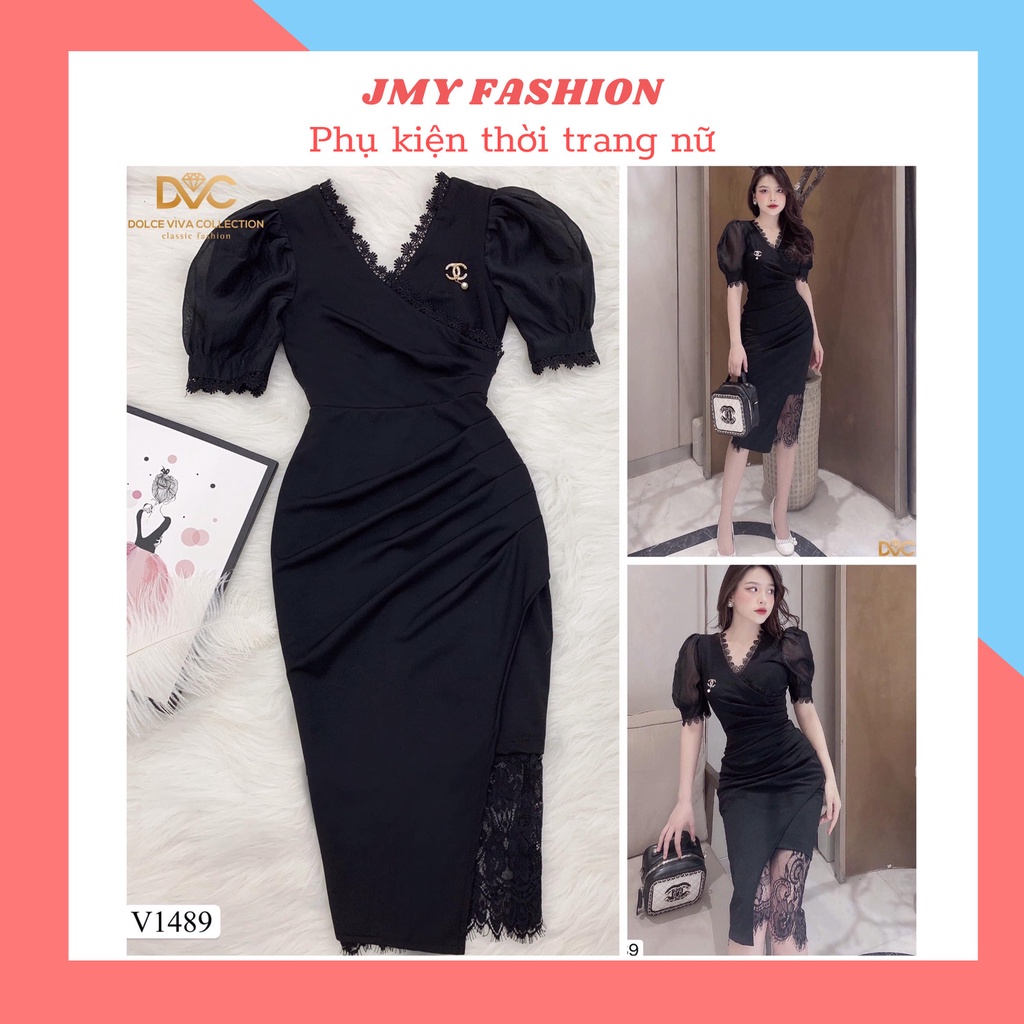 V1489 Váy đen body dài cổ V phối ren - Dolce viva colection