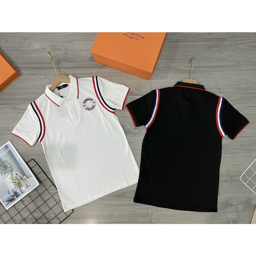 Áo thun nam cổ trụ tay ngắn thêu logo ngực phối vai , viền tay cổ áo chất cotton thoáng mát thời trang mùa hè hot trend