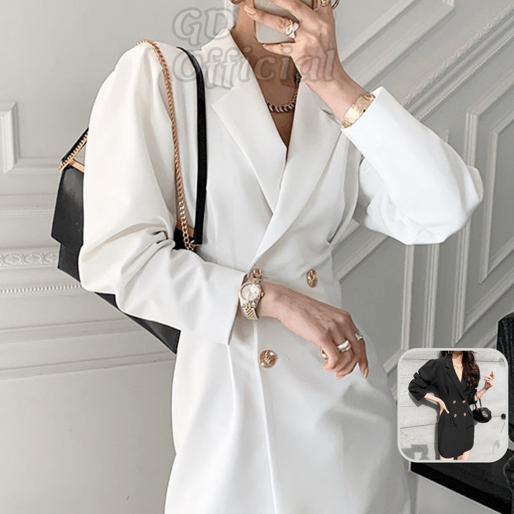 D3|Đầm dự tiệc nữ khí chất sang trọng cổ vest dài tay khóa nút phong cách chất cotton dày dặn trắng, đen GD Official
