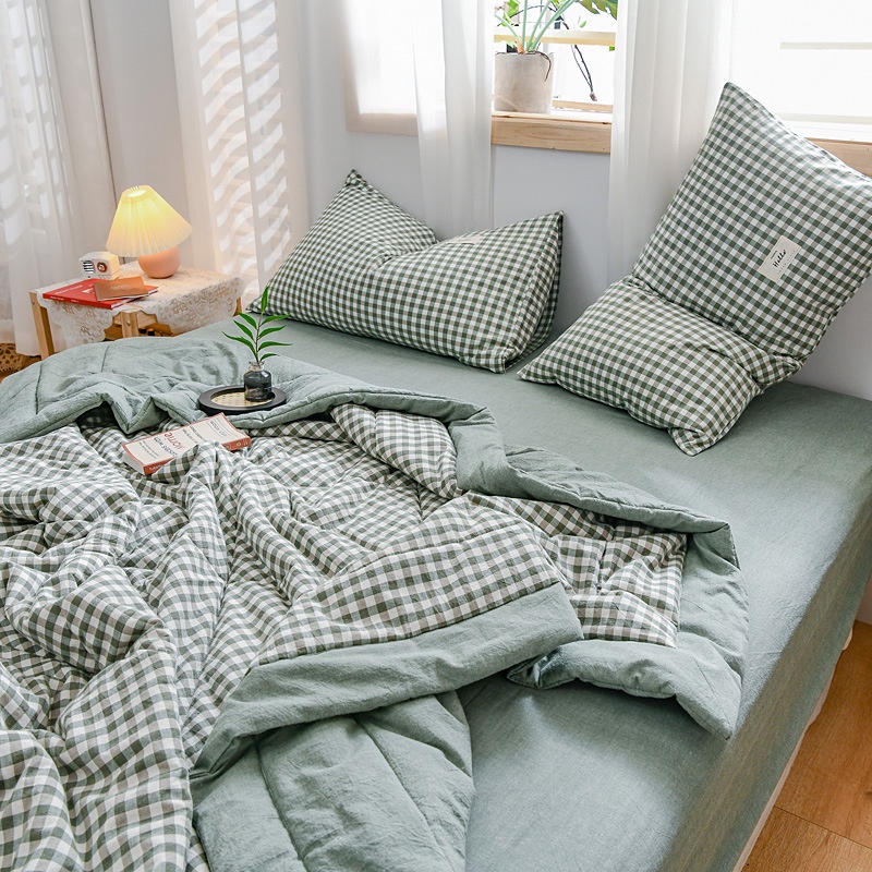 Bộ chăn chần bông ga giường Lidaco cotton đũi Tici kẻ cao cấp