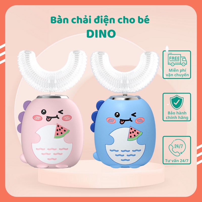 Bàn chải điện cho bé DINO, bàn chải đánh răng điện chữ U silicon cao cấp siêu mềm, phù hợp cho trẻ từ 2 tuổi