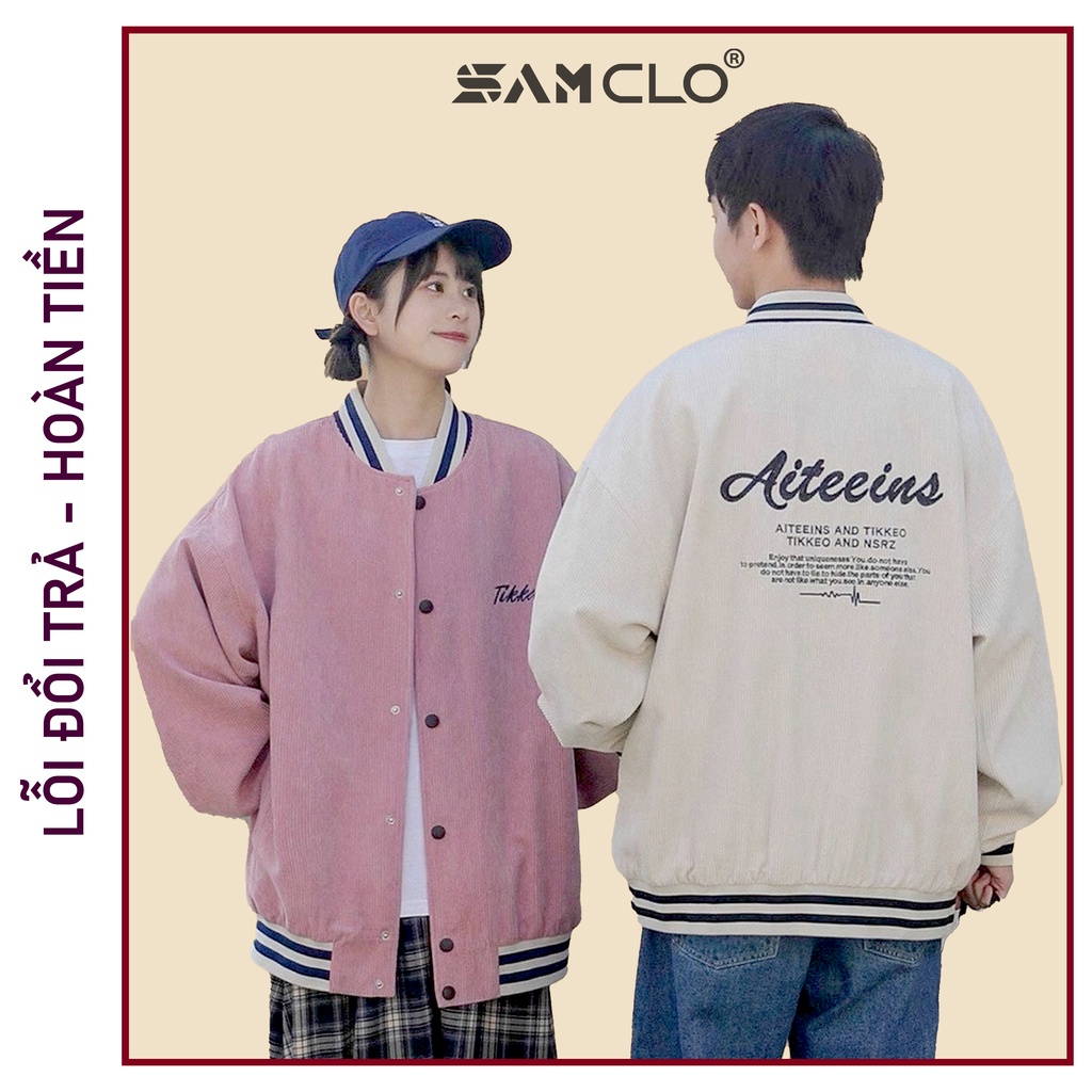 Áo khoác NHUNG BOMBER BÓNG CHÀY CÀI NÚT freesize SAM CLO form rộng nam nữ unisex mặc cặp - couple THÊU CHỮ TIKKEO