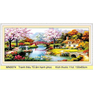 tranh thêu chữ thập phong cảnh ngôi nhà tổ ấm hạnh phúc kt 130x65cm