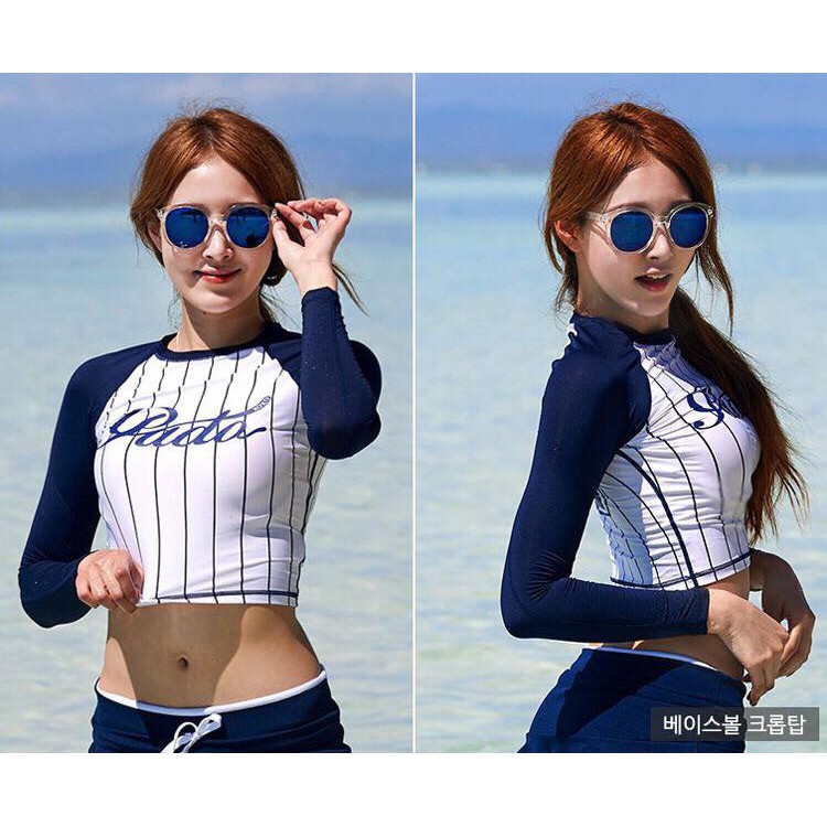BIkini bộ bơi dài tay năng động, họa tiết sọc thời trang