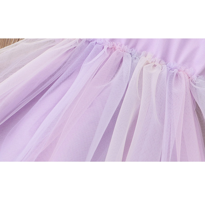 Đầm Cotton Ngắn Tay Cổ Tròn Phối Lưới Màu Cầu Vồng Thời Trang Mùa Hè Cho Trẻ Em