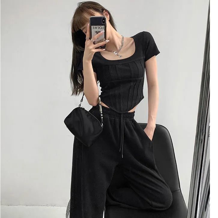 Áo Croptop Dệt Kim Cổ Vuông Thời Trang Mùa Hè Quyến Rũ Cho Nữ