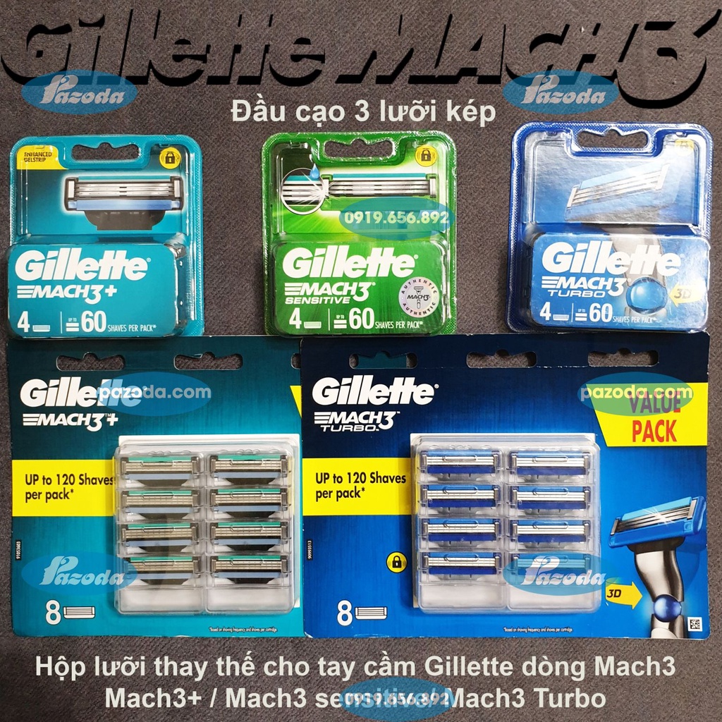 Hộp lưỡi dao cạo râu Gillette Mach3/ Sensitive/ Turbo 3D (Đầu cạo 3 lưỡi kép)