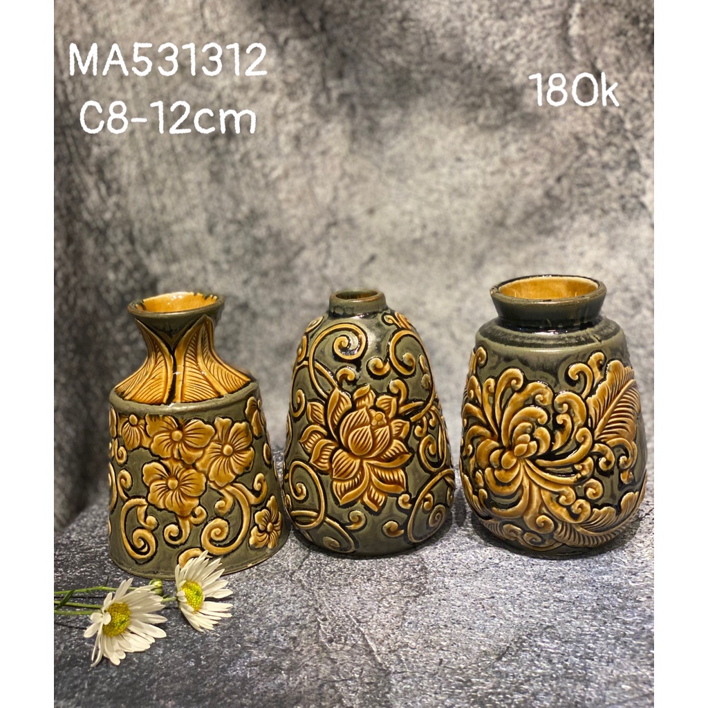 Bình gốm Bát Tràng, set 3 bình mini khắc hoa, trang trí nhà cửa