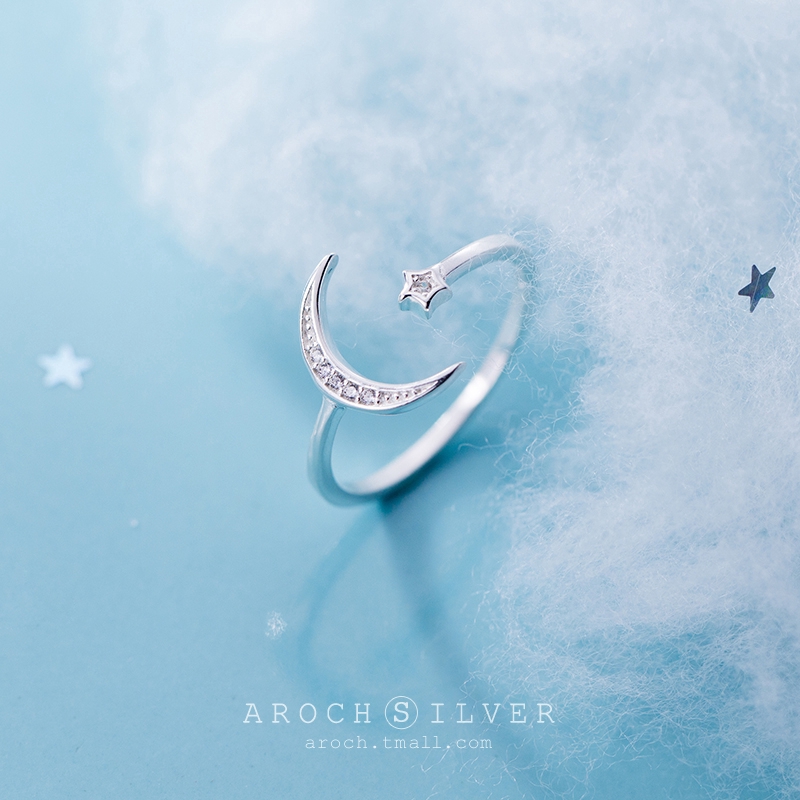 Nhẫn đeo ngón tay hình mặt trăng và ngôi sao bằng bạc x