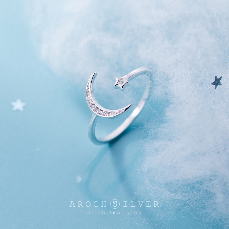 Exquisite Nhẫn Hở Mạ Bạc Hình Trăng Sao Xinh Xắn