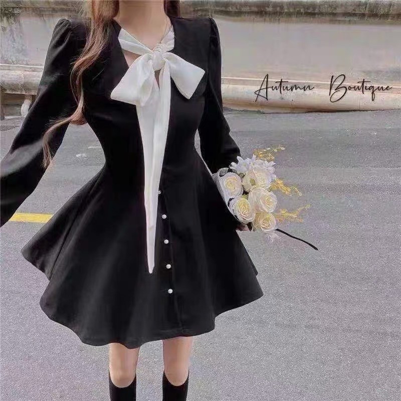 ORDER🎀Váy bánh bèo ulzzang đen tiểu thư nơ trắng cúc ngọc dễ thưong|Đầm dạo phố thời trang phong cách hot Hàn Quốc