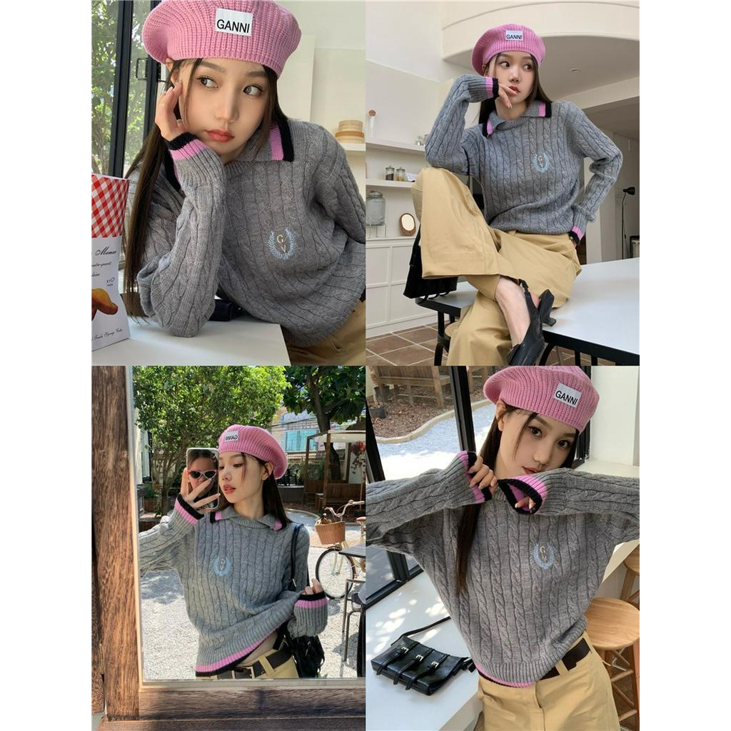 Áo Sweater Dệt Kim Tay Dài Cổ polo Thêu Họa Tiết Màu Sắc Tương Phản Phong Cách Preppy 5648