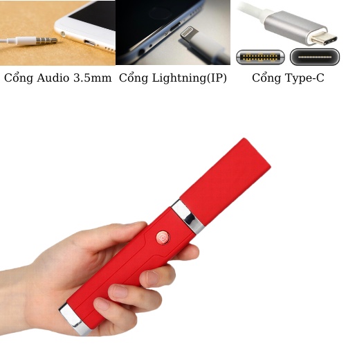 Gậy chụp ảnh tự sướng, Gậy selfie hình son môi nhỏ gọn dùng cho ĐT có cổng Audio 3.5mm, IP, chân sạc type-C.