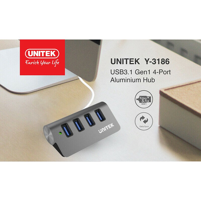 Bộ Chia USB 1 ra 4 Unitek Y3186 (Nhôm) (USB 3.0)