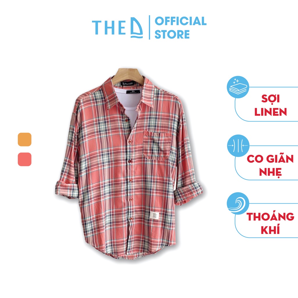 Áo Sơ Mi Nam Vải Linen The D Vintage Cổ Đức Dài Tay, Kẻ Caro Thoáng Mát, Thấm Hút Mồ Hôi Tốt TS3669