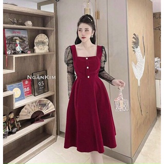 Đầm váy thời trang nữ dạ hội xòe cổ vuông phối tay lưới dài