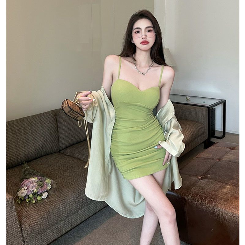 Set Đầm Hai Dây Màu Xanh Lá Phong Cách Hồng Kông Thời Trang Mùa Hè Cao Cấp Dành Cho Bạn Nữ