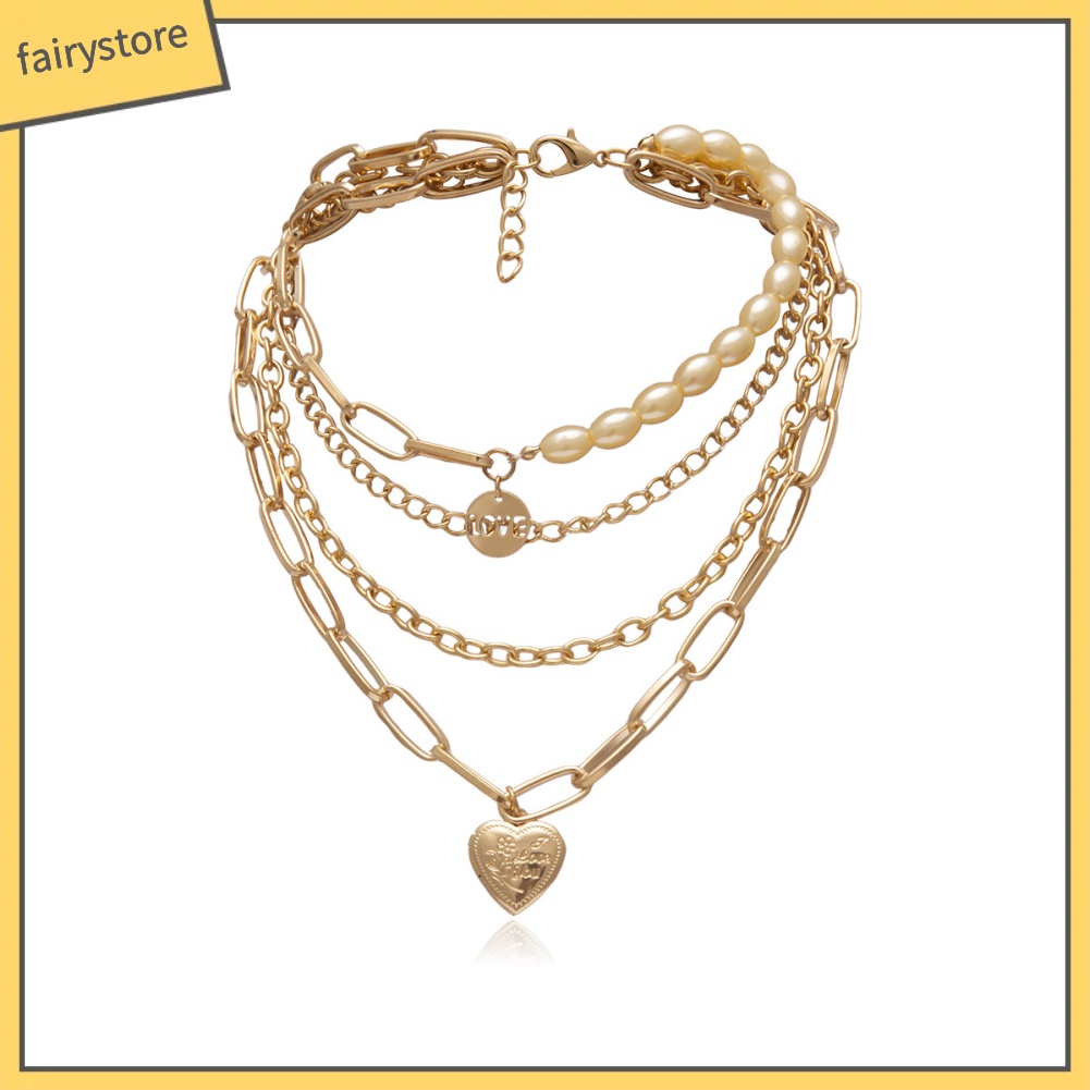 Dây Chuyền Nhiều Lớp Mặt Hình Trái Tim Đính Ngọc Trai Nhân Tạo