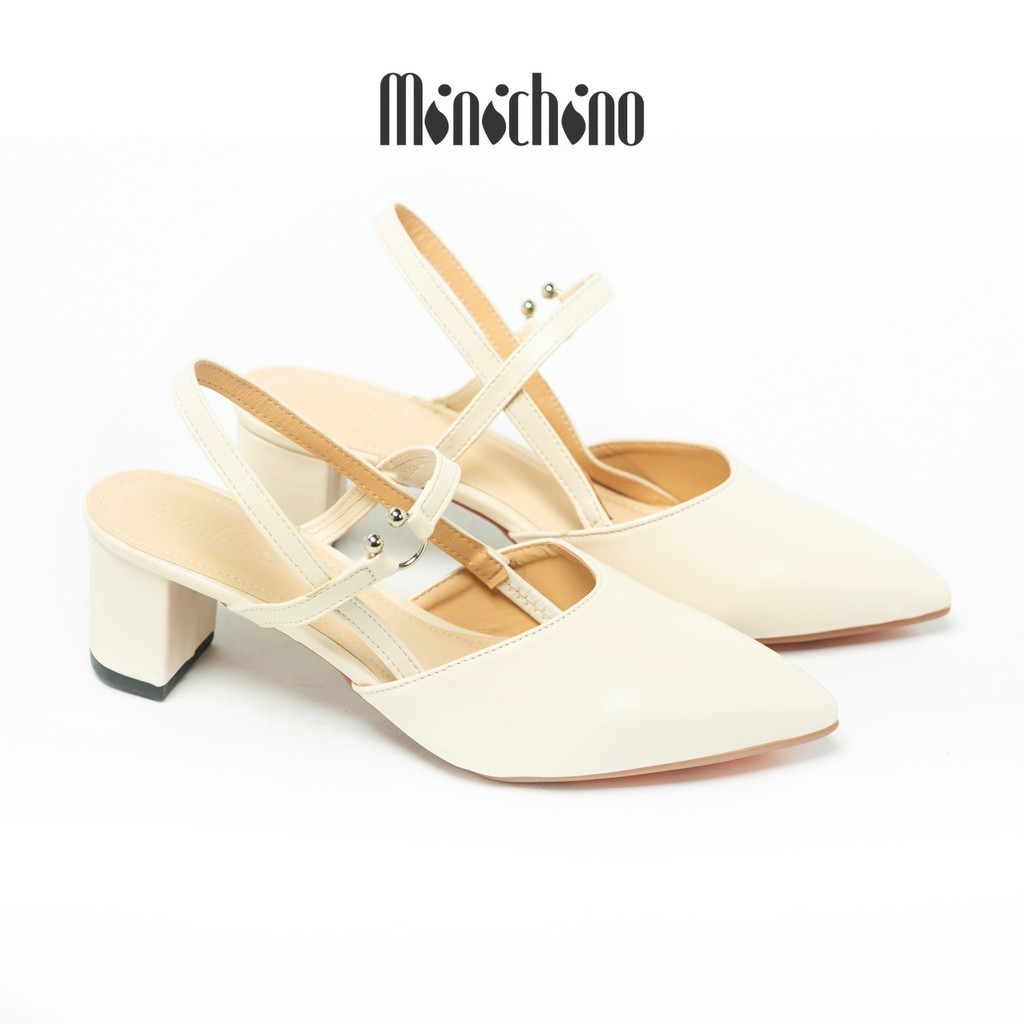 Giày sandal nữ cao 5cm MINICHINO giày đế vuông mũi nhọn, hở gót phối dây thời trang màu đen TC005