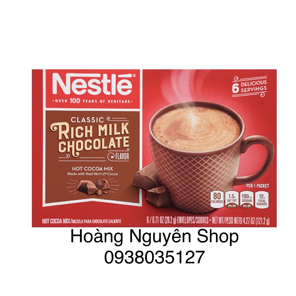 NESTLE CHOCOLATE 100% USA - BỘT CACAO NESTLE RICK MILK CHOCOLATE HỘP 6 GÓI - CACAO SOCOLA NGUYÊN CHẤT KHÔNG CAFEIN