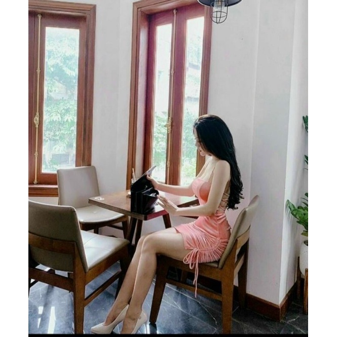 Đầm nhung 2 dây hở lưng có mút-siêu đẹp. alohashop91