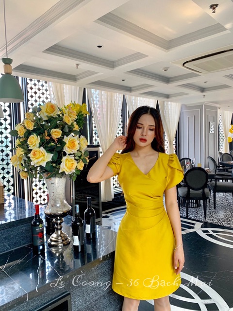 Váy Đầm Dự Tiệc Xếp Li Eo Tafta Nhật Vàng/Đồng/Xanh_LeCoong V26 | BigBuy360 - bigbuy360.vn