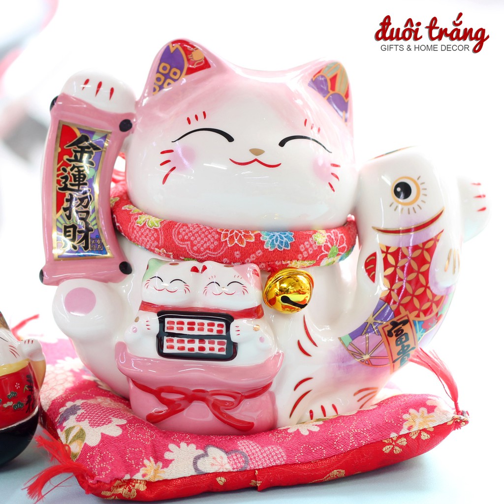 Mèo Jinshi Hồng Cá chép sứ "Kim Vận Chiêu Tài" 20cm (có video sản phẩm)