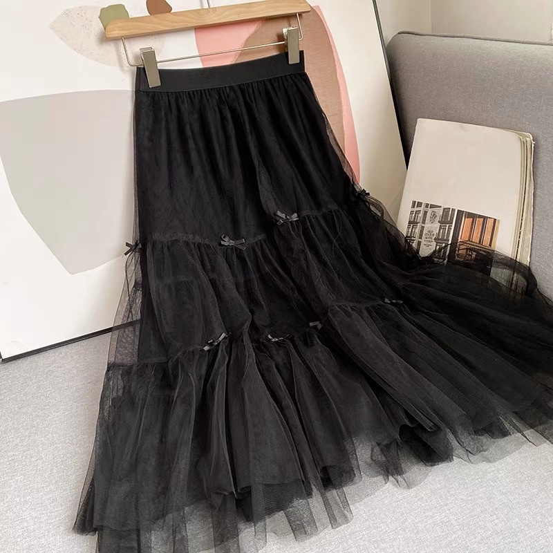 Chân váy dài midi 3 tầng phối lưới đen xếp li đính nơ lưng chun (cạp chun) DAYDREAMING SWEETIE SKIRT (kèm hình thật) 🤍