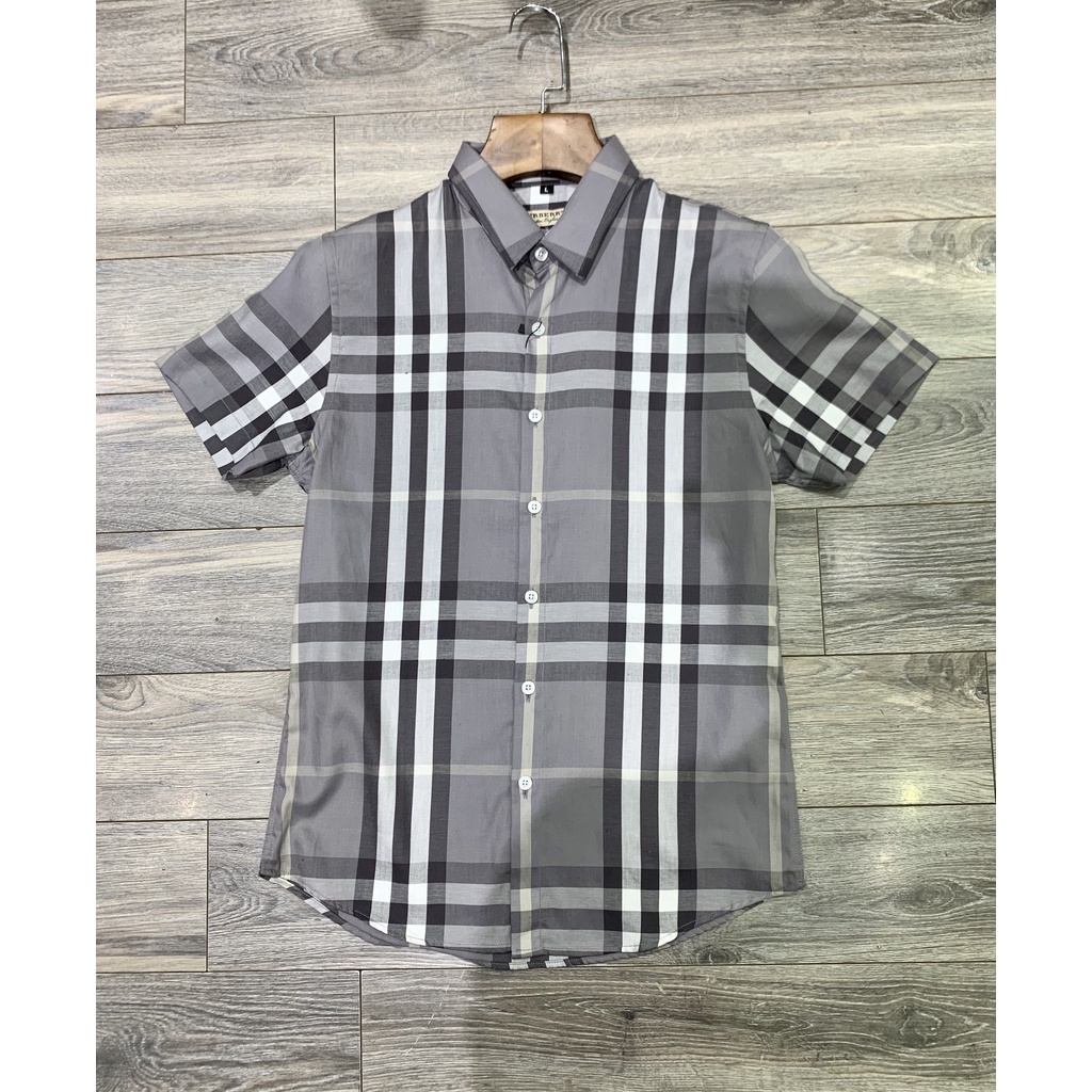 Áo sơ mi BBR ngắn tay họa tiết kẻ nhỏ chất cotton xịn màu ghi sáng