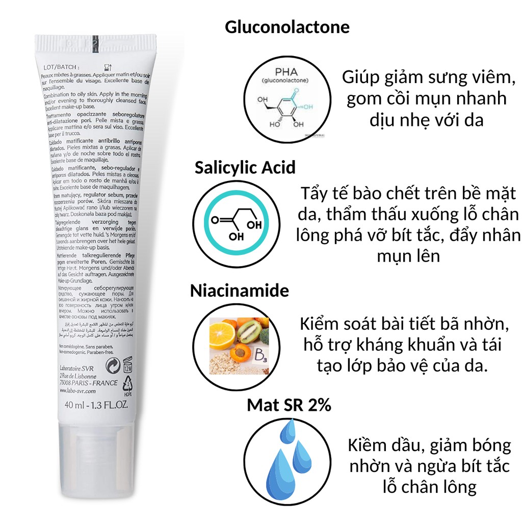 Kem dưỡng SVR Sebiaclear Mat + Pores 40mL giảm mụn kiềm dầu thu nhỏ lỗ chân lông TM02