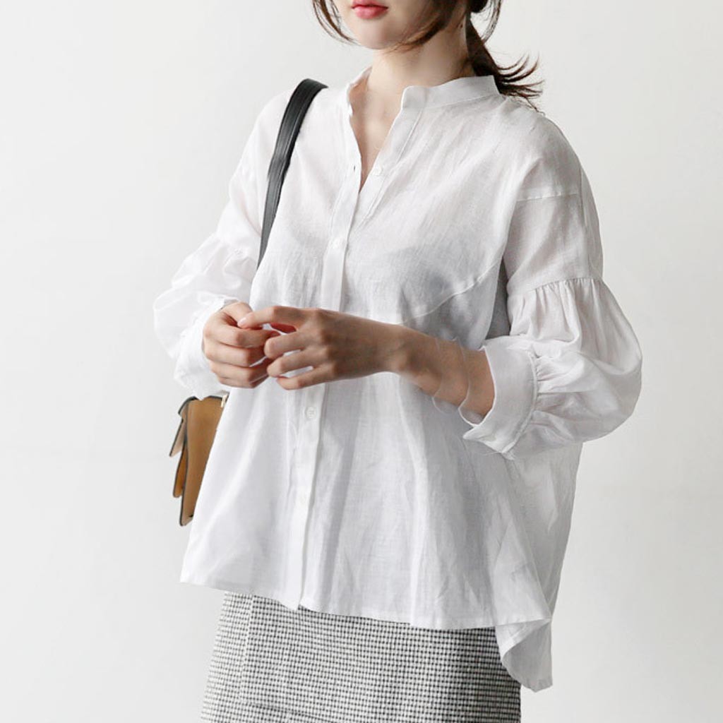 Áo Kiểu Tay Dài Vải Cotton Linen Màu Trơn Đơn Giản Cho Nữ