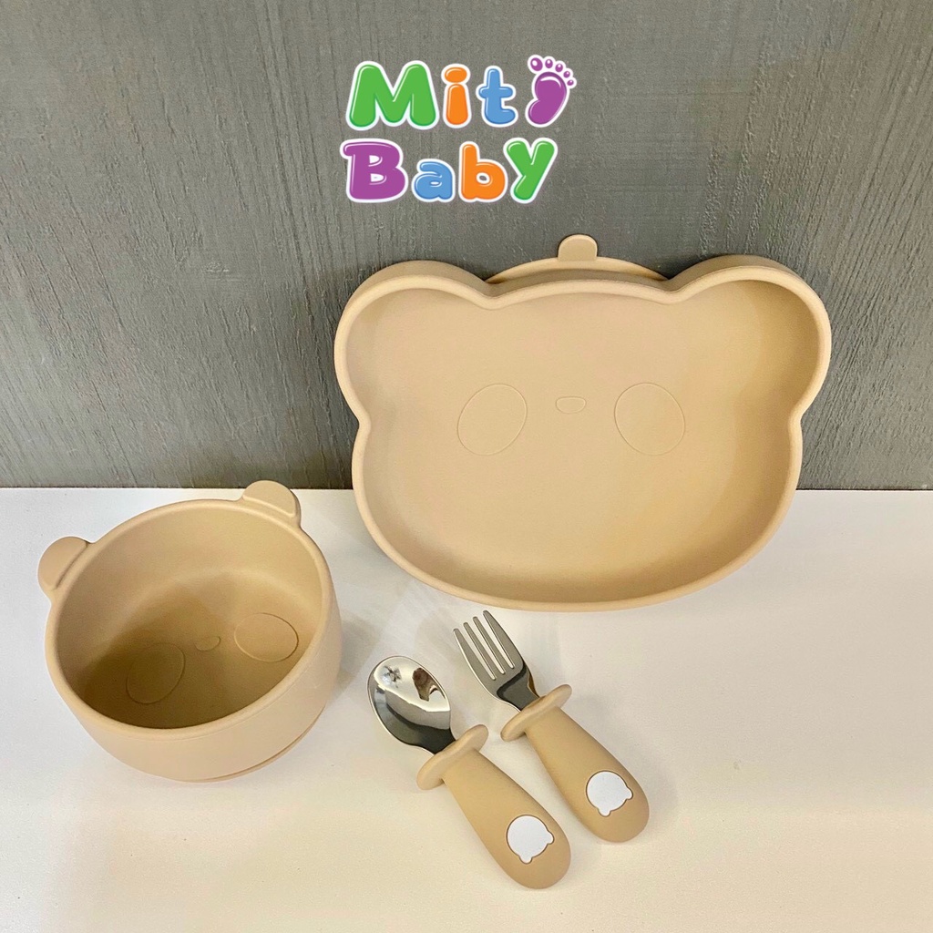 Bát đĩa ăn dặm cho bé, đĩa ăn dặm gấu hít sàn bar- rot