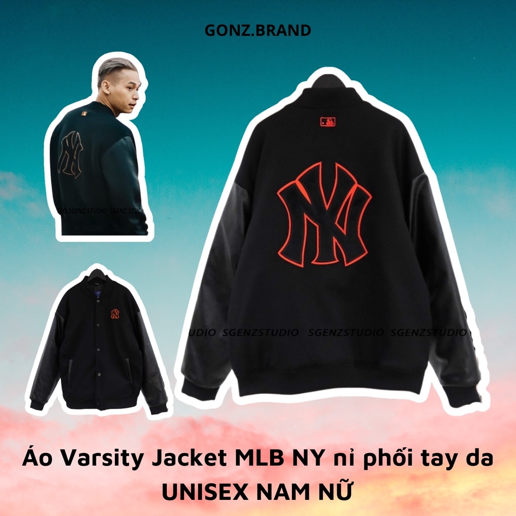 Áo varsity jacket MLB NY vải nỉ dày dặn phối tay da,Áo bomber nỉ form rộng nam nữ phong cách