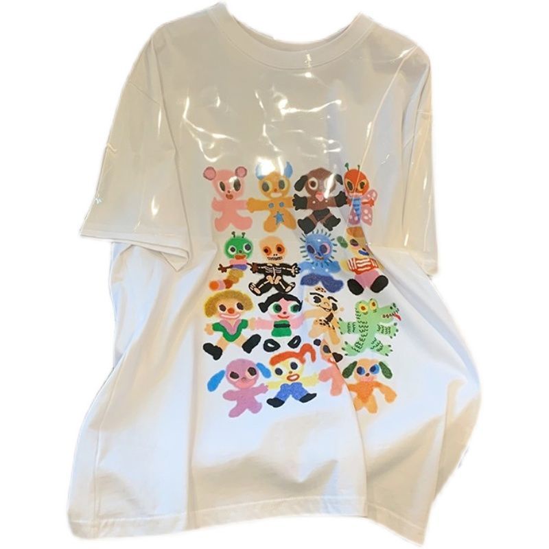 Áo Thun Tay Ngắn Dáng Rộng In Họa Tiết Hoạt Hình Kiểu Hàn Quốc Thời Trang Mùa Hè Cho Nữ
