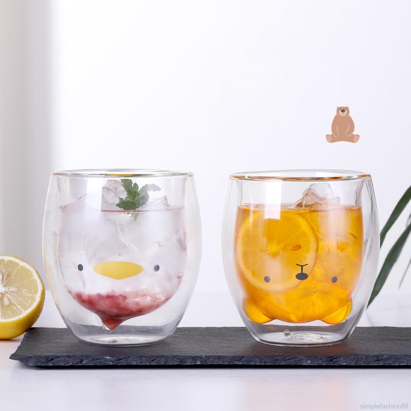 Cốc Thủy Tinh Chịu Nhiệt hình gấu bằng, Ly Thuỷ Tinh Dễ Thương 2 lớp HelloHouse 270ml Rẻ Đẹp Phong Cách Hàn Quốc