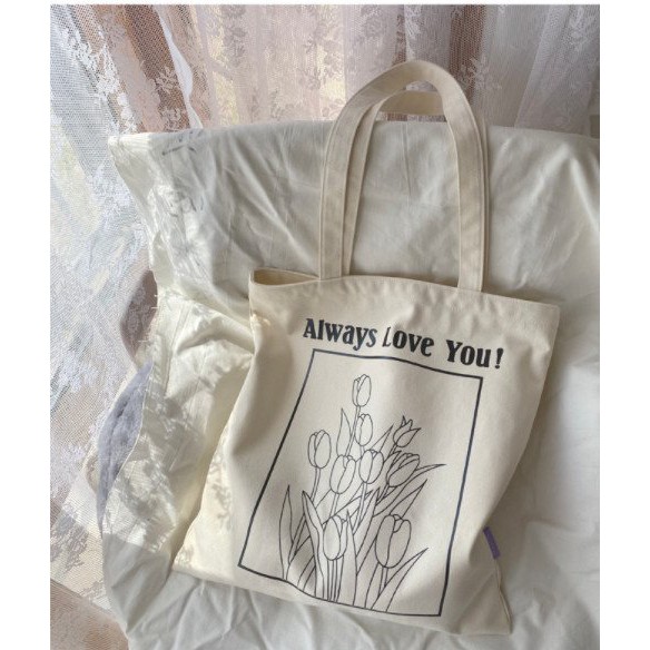 Túi tote túi vải canvas ALWAY LOVE YOU phong cách Hàn quốc, có khóa miệng ngăn phụ bên trong tiện dụng-Haka store