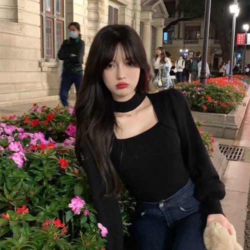 Áo sweater COZOKC dệt kim tay dài cổ vuông thời trang trẻ trung