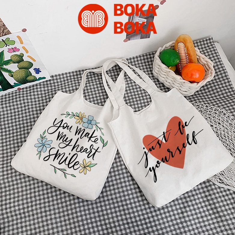 Túi tote xách vai vải canvas giá rẻ You Make My Heart Smile phong cách ulzzang hàn quốc