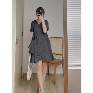 Váy vạt bèo cổ v thắt nơ eo