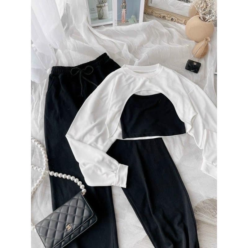 Sét áo croptop khoét ngực rose kèm áo 2 dây chất thun co dãn kiểu dáng hàn quốc, AMELIA