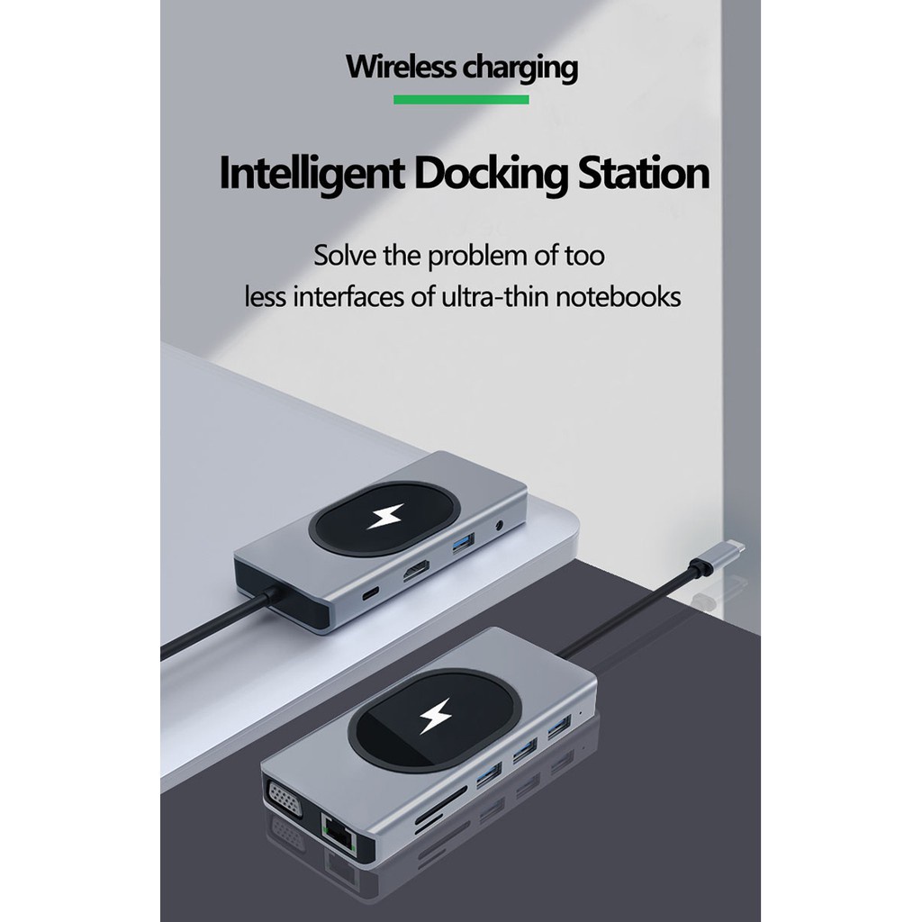 Trạm Sạc Không Dây 11 Trong 1 Chuyển Đổi USB C Sang HDMI 4K VGA 1080P RJ45 USB3.0 3.5mm PD Cho Laptop / Điện Thoại / Máy Tính Bảng