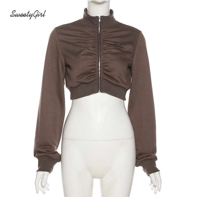 Áo croptop tay dài cổ cao có khóa kéo / Quần dài ống rộng lưng cao màu sắc thời trang cho nữ