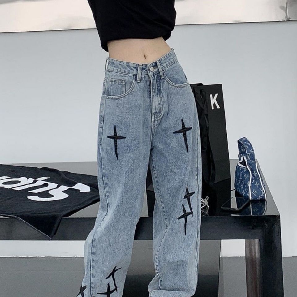 Chic fashion American heavy industry embroidered jeans women BF versatile casual high street straight tube wide leg pants ins<br />
