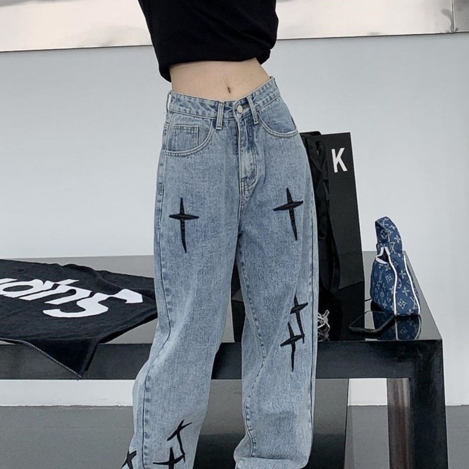 Chic fashion American heavy industry embroidered jeans women BF versatile casual high street straight tube wide leg pants ins<br />