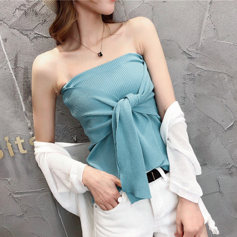 [Baywellfashion]Áo ống dệt kim phối dây đan chéo thiết kế màu trơn thanh lịch | BigBuy360 - bigbuy360.vn