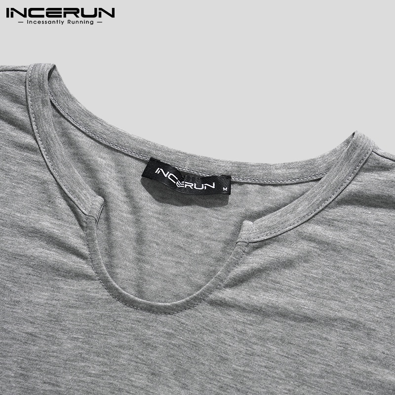 Áo thun Incerun dài tay cổ kiểu màu trơn 3 màu tùy chọn thời trang cho nam