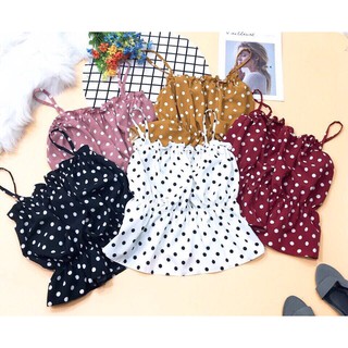 ÁO HAI DÂY CROPTOP VOAN CHẤM BI NHÚN EO