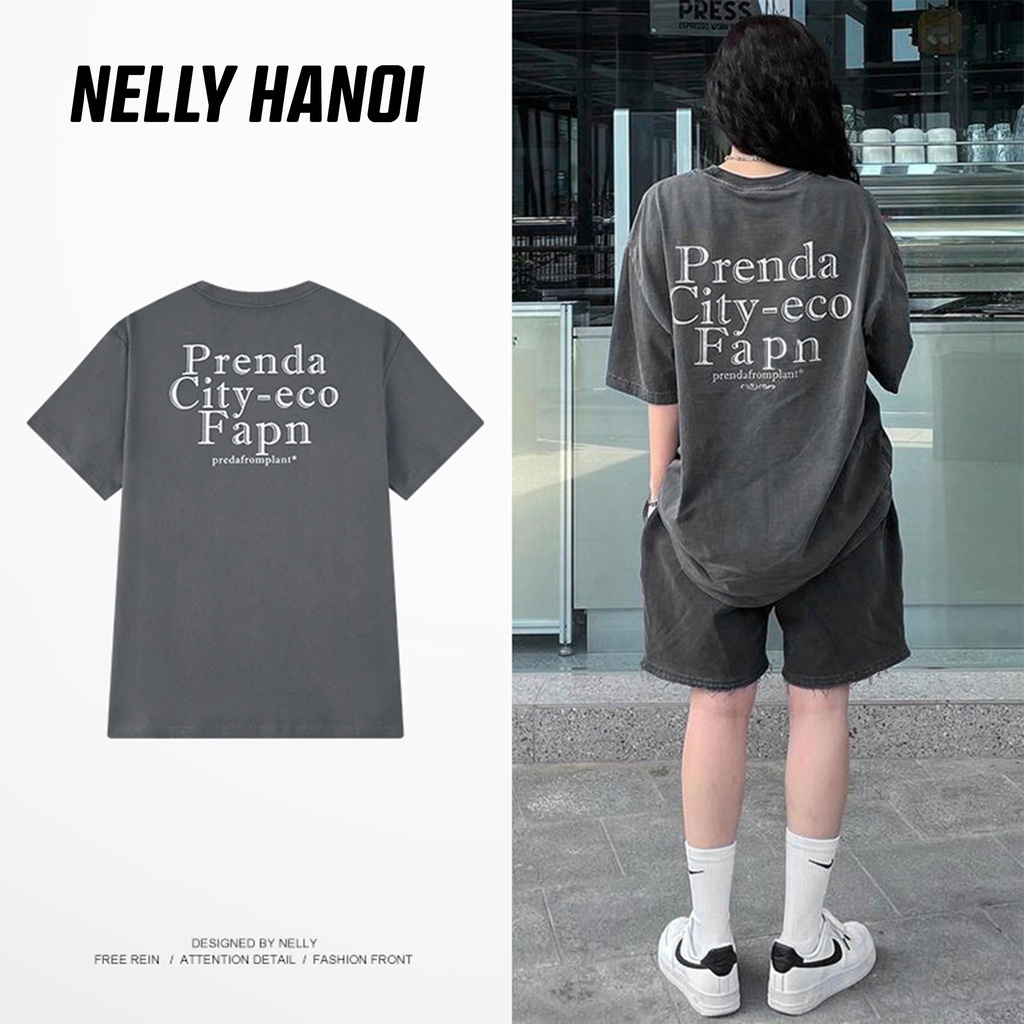 Áo phông NELLY 100% chất cotton tay lỡ dáng rộng màu xám dành cho nữ hàng có sẵn in hình PRENDA
